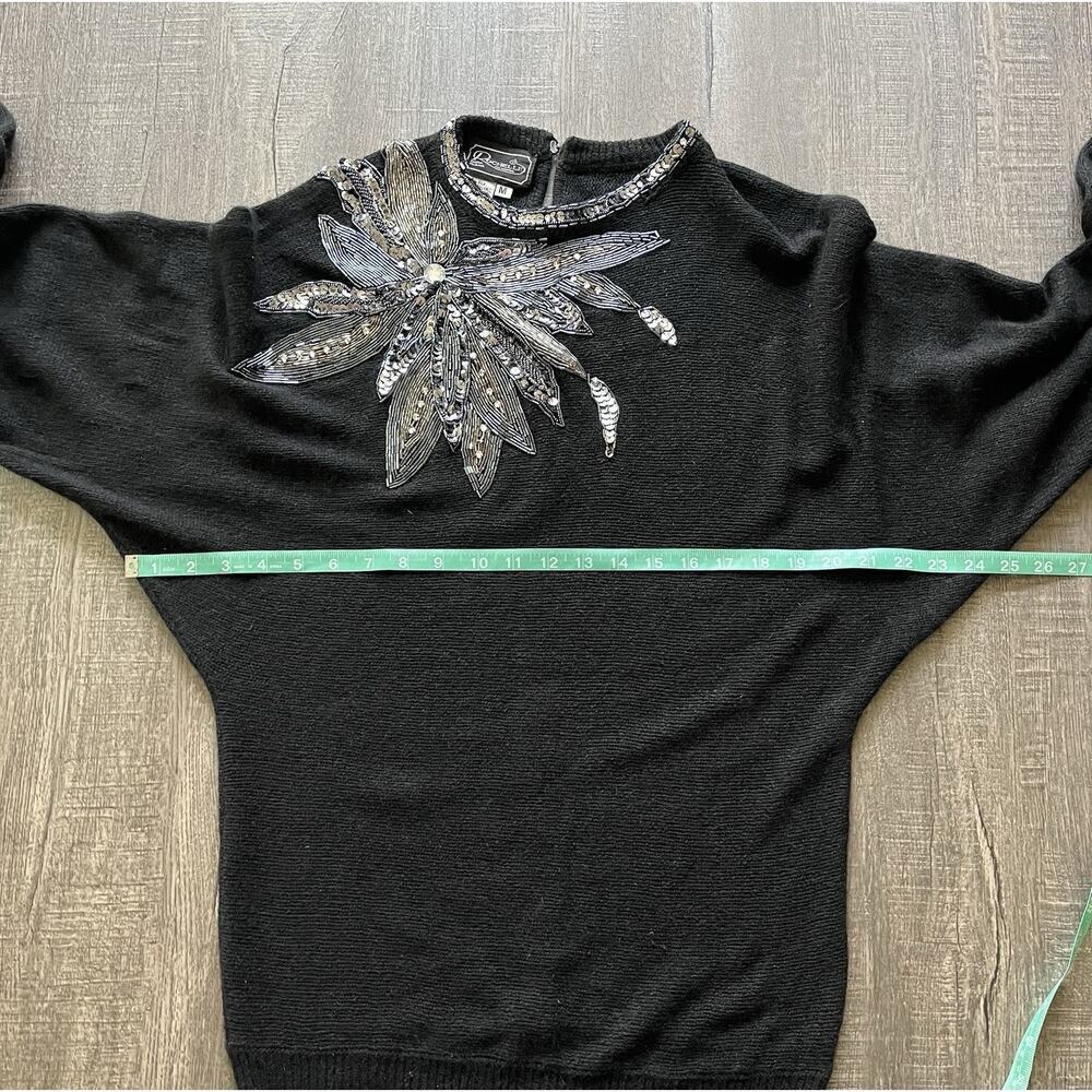 Rochelle Women’s Sweater Black Floral Beaded Silk/Nylon/Rabbit Hair/Lamswool, M - Picture 6 of 7